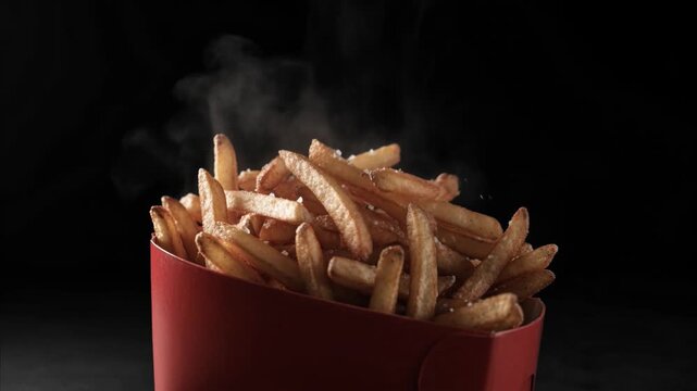 Crispy golden french fries falling into red cardboard container with salt sprinkling and hot steam rising against dark background, showcasing delicious snack and fast food imagery