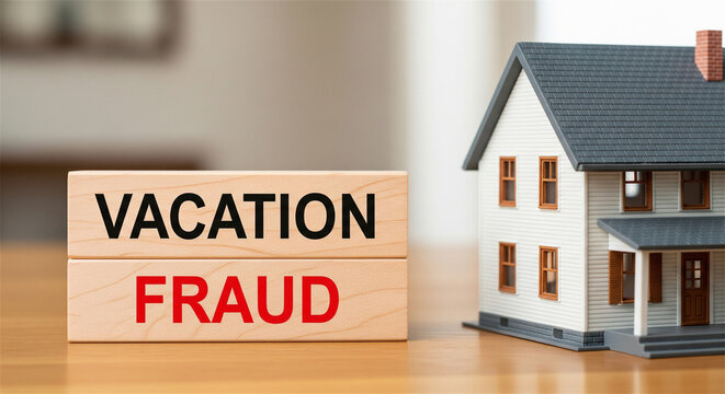 Vacation fraud text on wooden blocks, real estate scam concept with house model, rental property deception and travel security warning