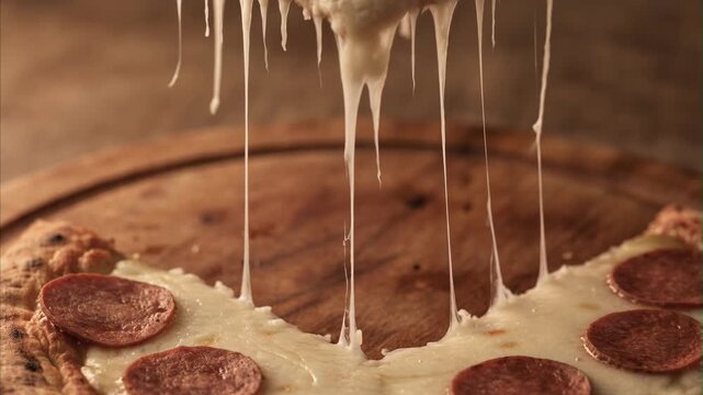 Hand lifting delicious slice of pepperoni pizza from whole pizza, showing generous melted cheese stretching and dripping between pieces, rustic wooden serving board background.