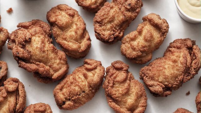 Crispy golden brown fried chicken nuggets, bite-sized poultry pieces, arranged with bowls of ketchup, mustard, and barbecue sauces on white background, popular fast food.