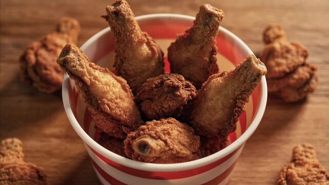 Crispy fried chicken pieces inside a striped bucket, surrounded by more golden brown chicken on a rustic wooden table, showcasing convenience food and unhealthy eating habits.