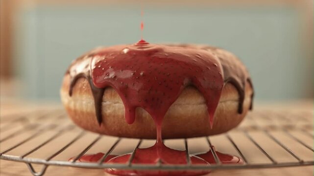 Delicious chocolate frosted donut with red strawberry glaze dripping over sides onto cooling rack, sweet pastry for dessert or snack, tempting sugary treat, close up view of confection