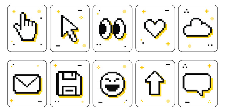 Pixel Icons Collection: A vibrant set of pixelated icons featuring a cursor, hand pointer, eyes, heart, cloud, email, save disk, laughing emoji, upload arrow, and speech bubble.