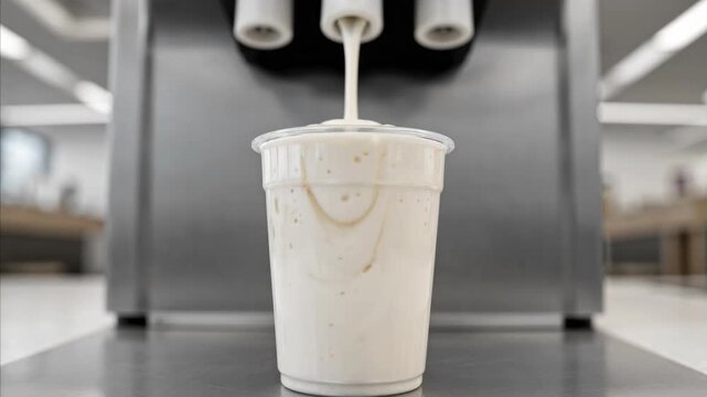 Preparation of a creamy milkshake using a commercial soft serve dispenser, beverage slowly filling clear plastic cup, focus on pouring action and delicious dessert creation.