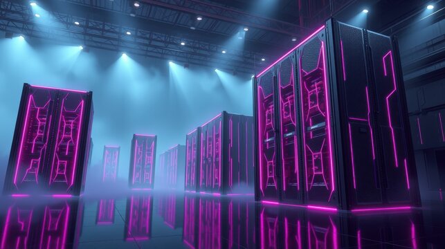 Server room filled with glowing racks. Blue fog creates futuristic atmosphere. Bright lights illuminate metallic structures.