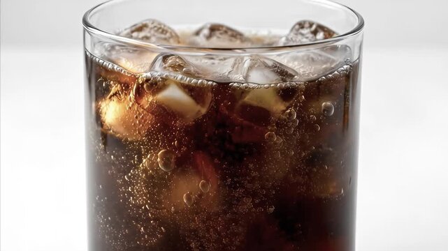 Pouring carbonated cola beverage into clear glass with ice cubes, close up view of refreshing sugar filled drink creation, sparkling soda pop fizzing