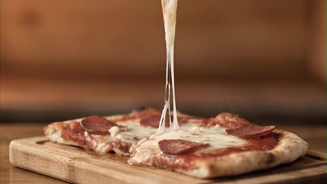 Slice of hot pepperoni pizza being lifted, with stringy melted mozzarella cheese stretching from remainder of pizza on wooden cutting board, warm background