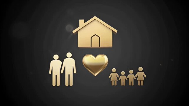 Golden 3D icons depiction of family love home on dark background with subtle particle effects representing concepts of unity togetherness safety care and domestic bliss