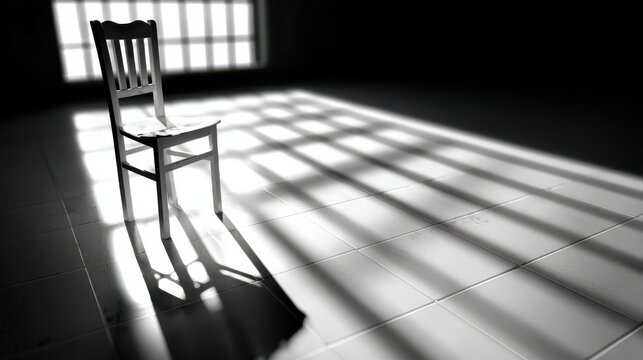 An empty chair in a dark room, bathed in dramatic light and shadow from a window with bars. The scene evokes a sense of isolation and confinement