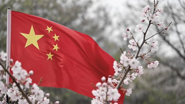 China flag waving between cherry blossom branches outdoors during spring season. Red national emblem with yellow stars representing country symbol.