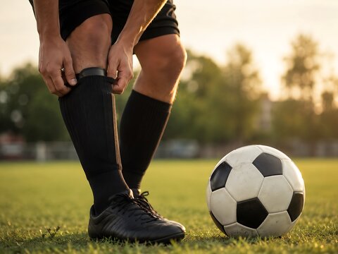 Close up football boots and soccer ball on green grass