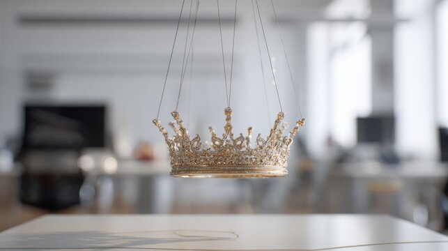 A golden crown suspended in the air, symbolizing leadership and achievement in a modern office environment