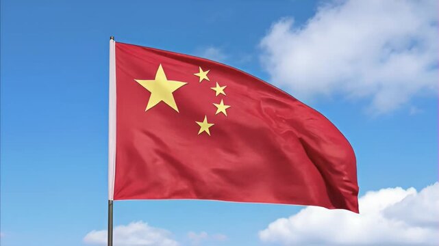 Red flag of China, five yellow stars, waving proud against bright blue sky, gentle white clouds, symbol of nation identity, patriotism, international relations, political representation, national prid