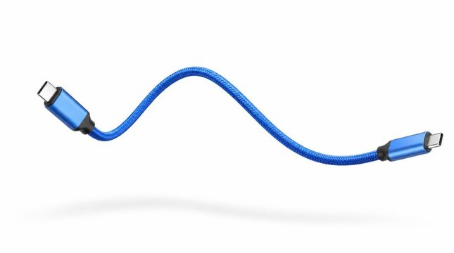 a thick bright blue braided usb type c cable floating in mid air forming a single elegant smooth wave shape isolated on a pure white background