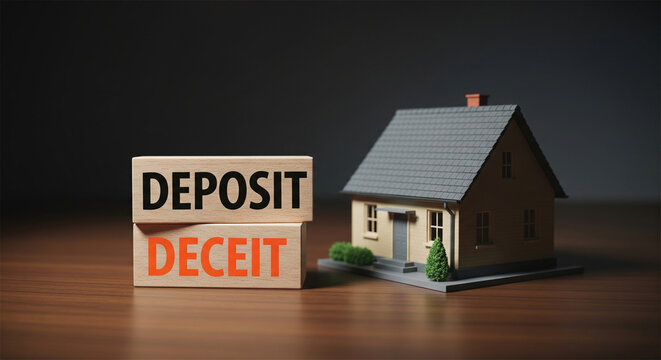 Real estate deposit deceit concept, wooden blocks with fraud text next to house model, property investment scam and mortgage risk