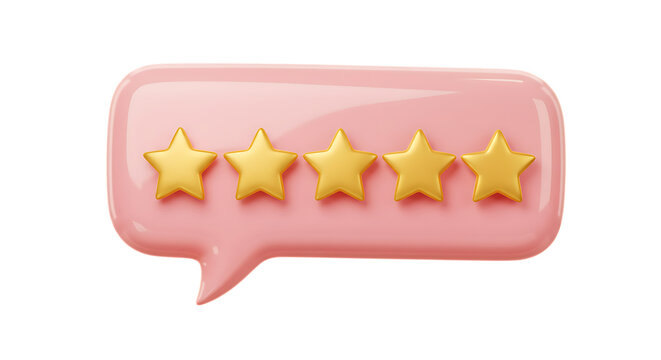 3d icon of five golden star rating in a pink speech bubble, isolated on transparent background