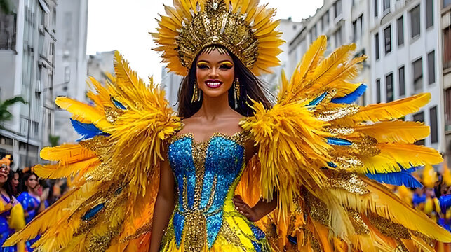 Beautiful woman in massive glowing yellow feather carnival costume dancing on street parade