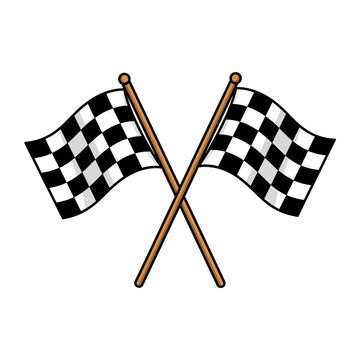 Two Crossed Checkered Flags Waving on White Background.