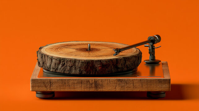 Conceptual creative turntable with a wood log section showing annual rings instead of a vinyl record on a solid orange background