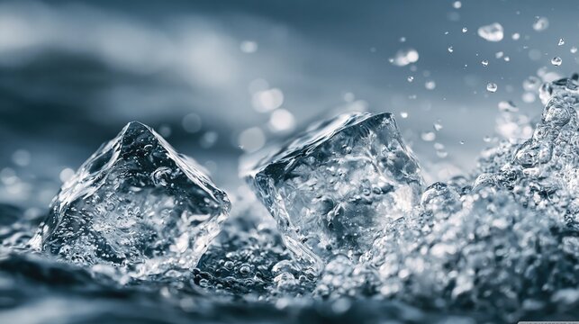Two transparent ice cube splashing in crystal clear water. Refreshing drink concept with frozen water block. Macro photography of liquid motion and mineral water purity for beverage cold.
