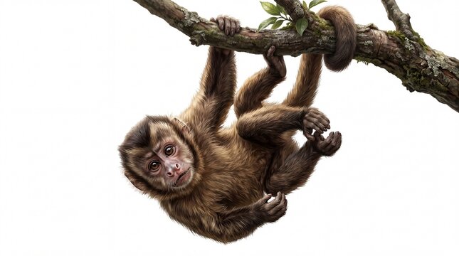 Cute baby spider monkey hanging from a tree branch