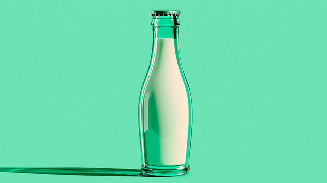 Minimalist glass bottle filled with milk on a solid mint green background, 3D render style product photography