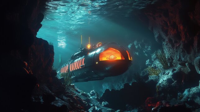 A sleek, retro-futuristic submersible with illuminated portholes and glowing text glides through a dark, rocky underwater tunnel teeming with vibrant coral.