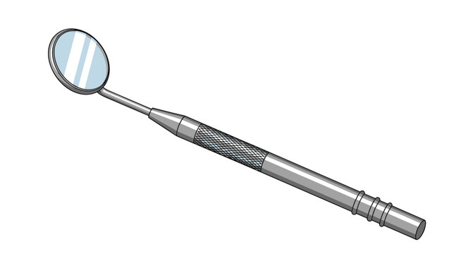 Professional dental mirror tool with a long handle and reflective circular glass, used for checking teeth and oral health exams.
