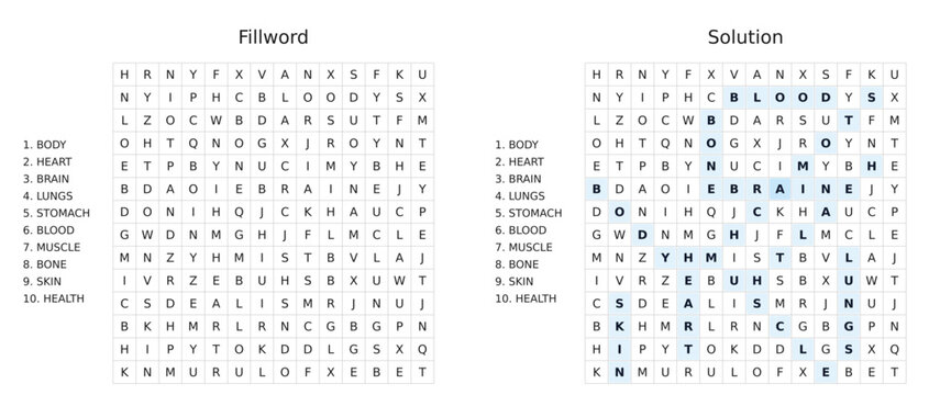 Human body word search puzzle game with answer key and solution included