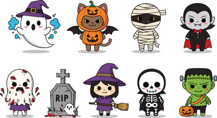 Obraz premium Cute Halloween Character Vector Element Set with Cartoon Ghost Pumpkin Cat Mummy Vampire Witch Skeleton and Frankenstein Monster Icons