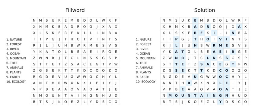 Nature and environment word search puzzle game with answer key and solution included
