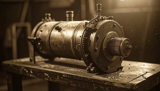 Vintage industrial steam engine cylinder on a worn wooden workbench in a dimly lit