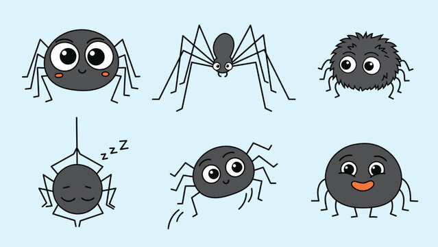 Six cartoon spider characters with various expressions and actions against a light blue background. Vector illustration representing arachnid diversity, halloween elements, and insect concept.