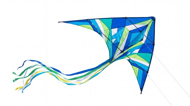 Colorful blue and green stunt kite flying in the air