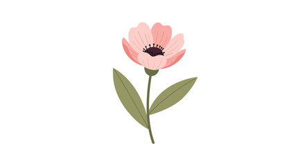 Obraz premium Elegant pink flower drawing with a dark center and two green leaves on a stem isolated against a plain white background for design.