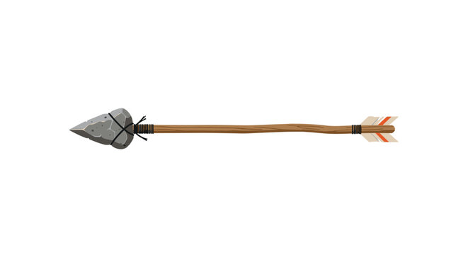 Traditional primitive arrow with a sharpened stone head and feathered end used as an ancient tool or weapon for hunting and survival.