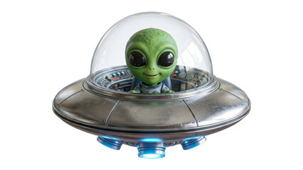 Grey alien piloting a metallic flying saucer on transparent background © ATIQULISLAM