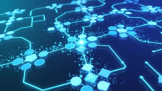 Digital network connection glowing nodes lines futuristic technology blue light abstract data flow dynamic vibrant energy visualization geometric figure circle square modern art minimalistic style