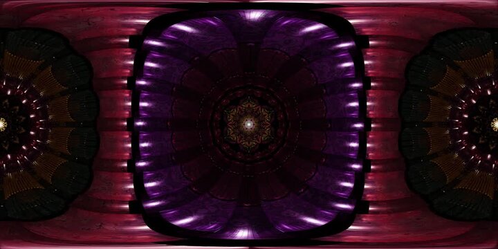 Spiritual VR 360 sacred geometry mandala loop rendered as equirectangular environment map and HDRI spherical dome visual for immersive metaverse projection and VJ experiences