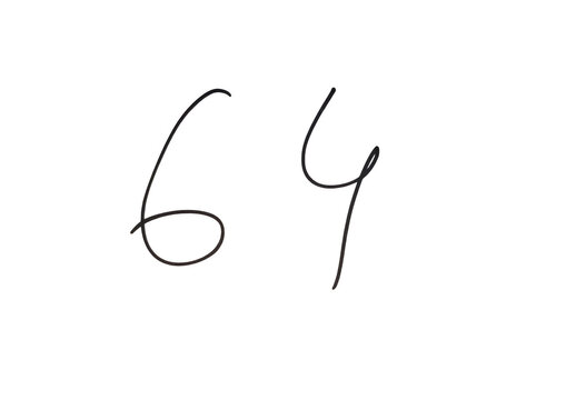 Handwritten number sixty four black ink on paper