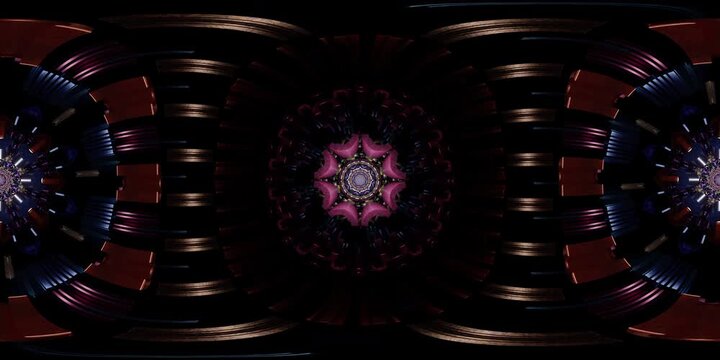 Sacred geometry mandala in VR 360 equirectangular format rendered as environment map and HDRI spherical spiritual loop for dome projection, immersive metaverse scenes and VJ sets