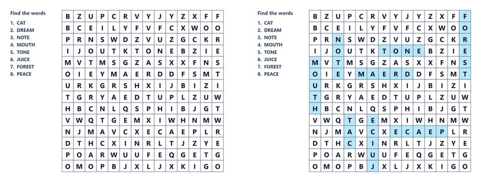 Word search puzzle game with word list and solved answer key