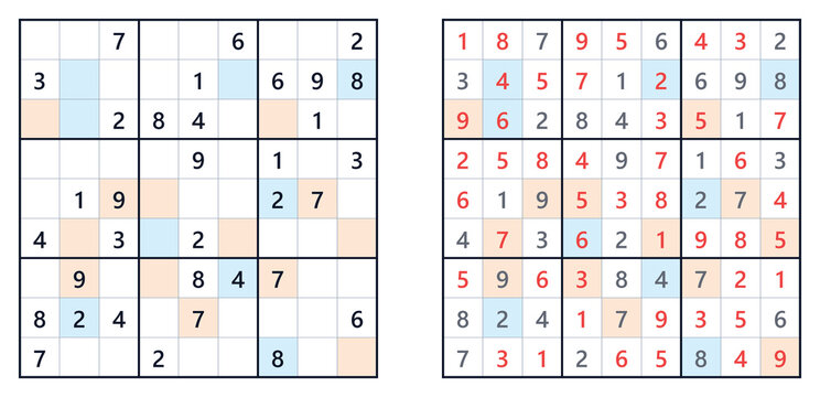 Color Sudoku puzzle game with answer key. Printable valid logic grid layout with blue and orange decorative cells.