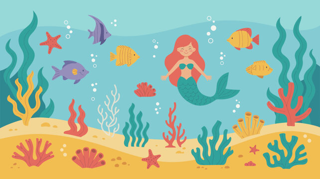 Mermaid Illustration With Coral And Fish A Colorful Vector Scene siren mythical creature sea nymph underwater ocean marine life seaweed starfish