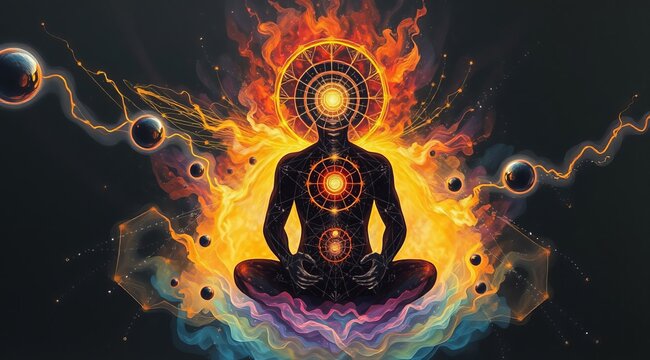 A digital illustration of the human body as a universe. Shining chakras and energy against the backdrop of a starry sky. Esotericism and spiritual growth.