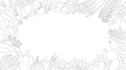 Fototapeta premium Vegetable and fruit border black and white line drawing illustration vegetables fruits produce farming garden harvest organic line art sketch black and white monochrome