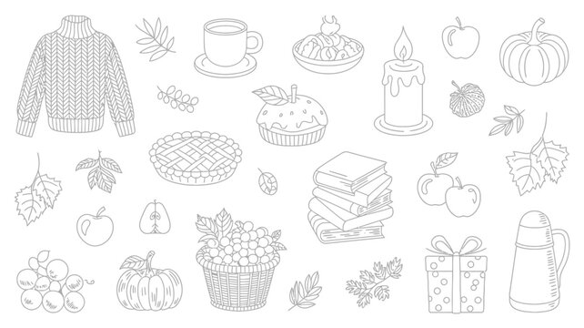 Autumn themed objects illustration in black and white line art style fall seasonal line art vector black and white monochrome sketch drawing leaves maple leaf