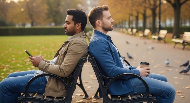 Two men sitting back to back on park benches in autumn