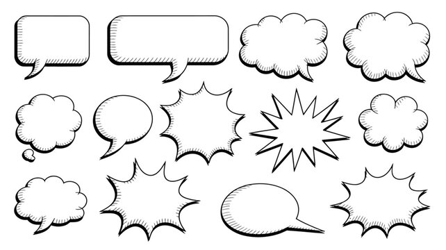 Speech bubble collection hand drawn black and white vector illustration on a white background comic thought dialogue conversation text box caption