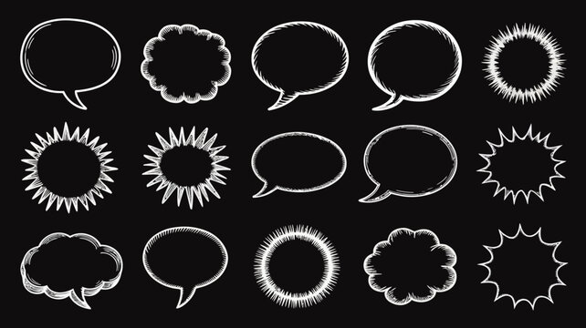 Speech bubble collection white sketch style illustrations on black background talk thought comic book dialogue conversation communication drawing illustration vector graphic